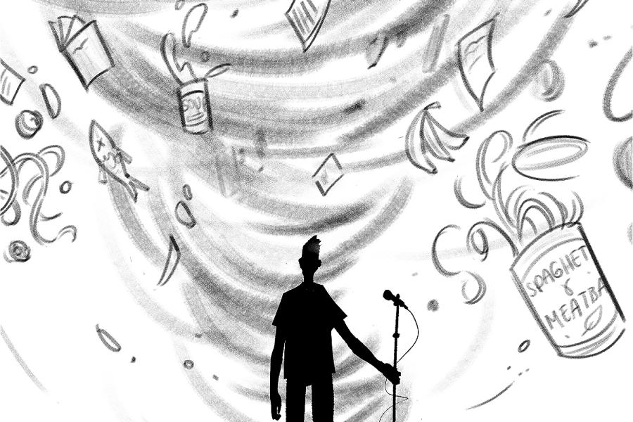 A male figure stands central with a microphone, a gust of wind surrounds him, carrying detritus, including food items-cans, fish, bottles etc, and writing implements-pieces of paper, a laptop etc. The style is of a pencil sketch, all in black and white.