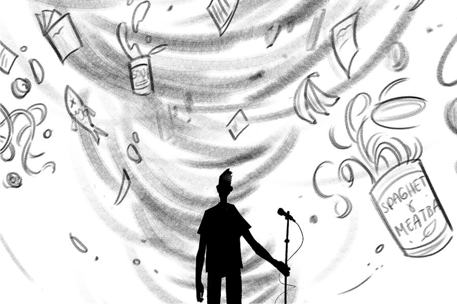 A male figure stands central with a microphone, a gust of wind surrounds him, carrying detritus, including food items-cans, fish, bottles etc, and writing implements-pieces of paper, a laptop etc. The style is of a pencil sketch, all in black and white.