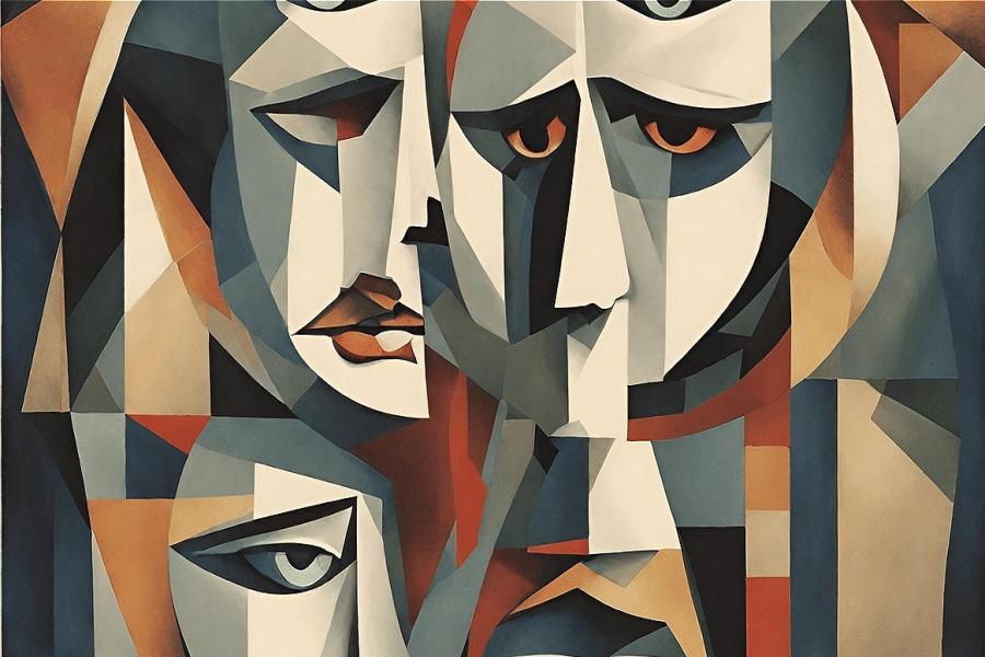 A cubistic collage of different faces.