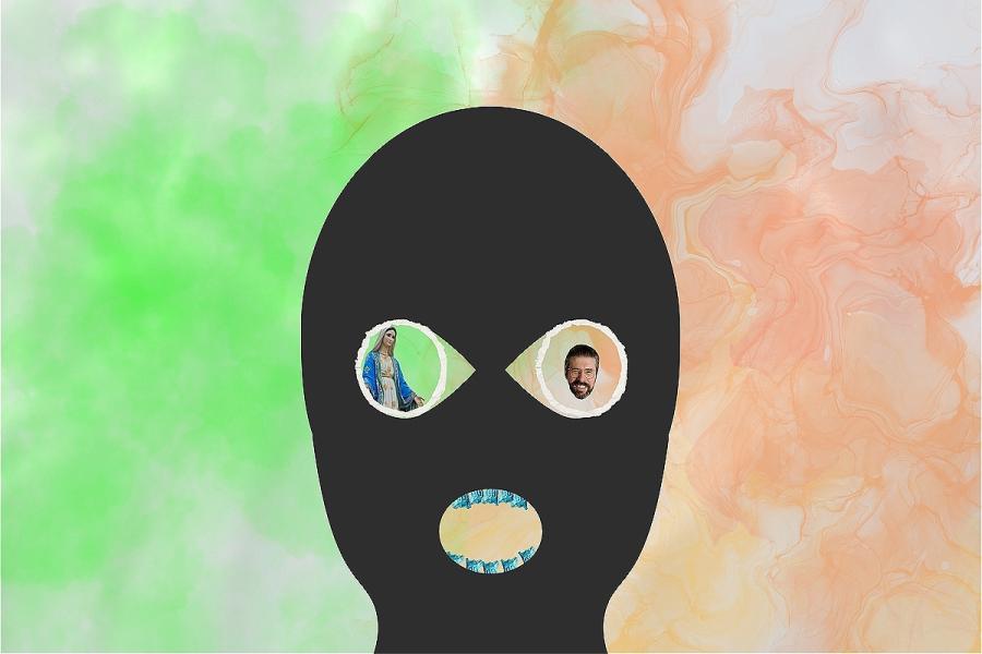 Black graphic of a balaclava on a green & orange background. In the left of eye of the balaclava is a Virgin Mary Statue, in the right the floating head of Gerry Adams. In the mouth, there are small blue ghost shaped pills made to look like teeth.