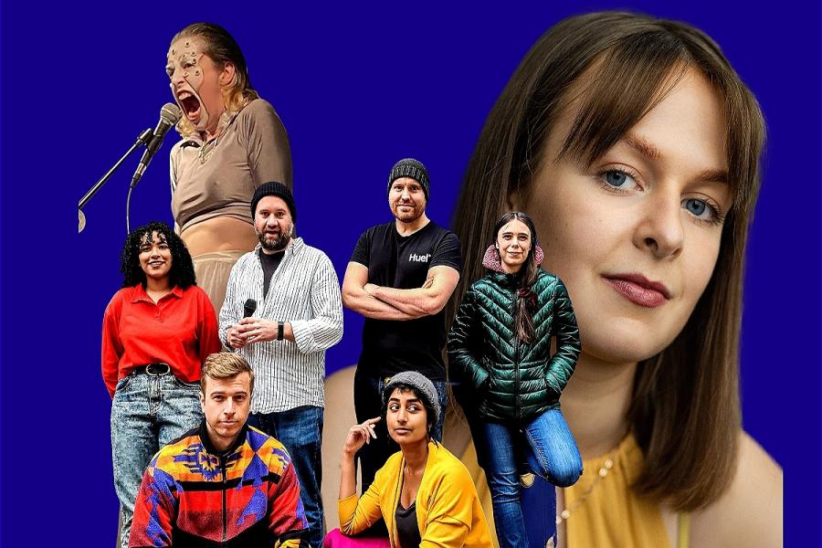 A blue background. In the foreground, the 6 members of Track 96 stand wearing vibrant, bright coloured clothes. Left, Meg Hodgson, face painted white, screams into a microphone, her body tense. Right, Charlotte Anne Tilley's headshot, confidently smiling.