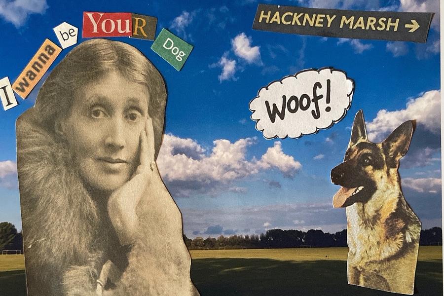 The collage image features, on the left, a sepia print of a femme human propping their face on their left hand, looking directly at the camera, with the words “I wanna be your dog” in different typefaces above them and, on the right, a happy German Shephe