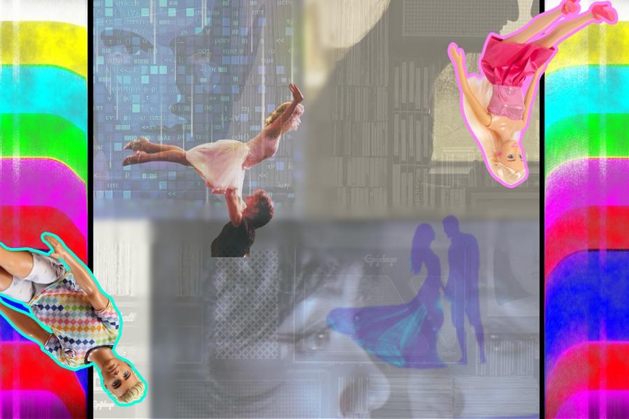 A layered image collage of stock image couples, androids, screens, books, and Dirty Dancing, mostly grey and blue toned. Blurred vibrant television colour bars form the borders of the image. Overturned Barbie and Ken dolls in the corners.