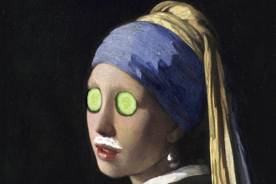 Black background with painting of a renaissance woman. She has cucumber over her eyes and bleach above her lip.