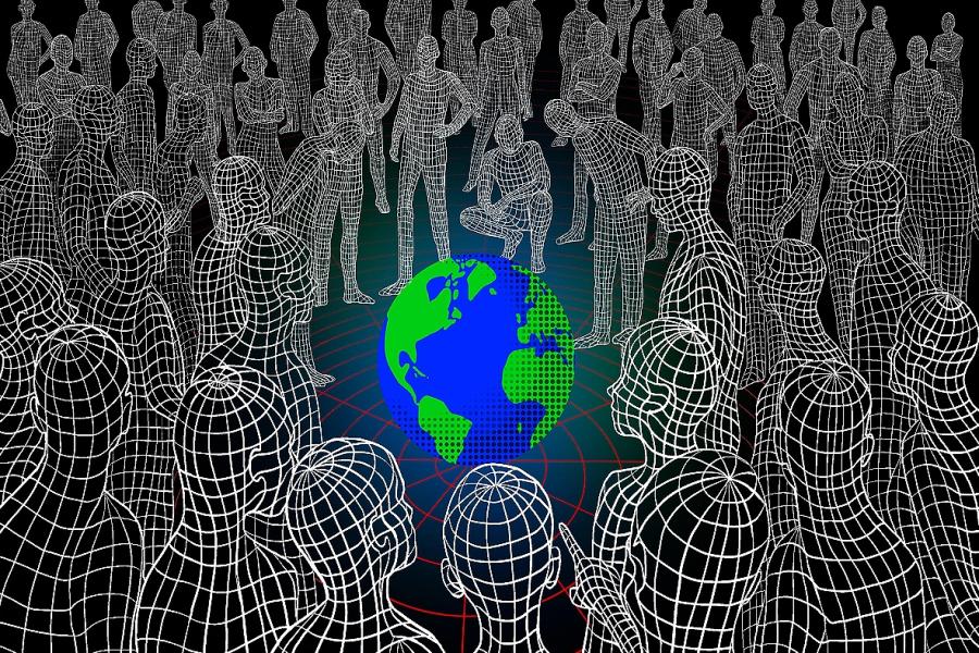 A stylised crowd with no identifying features is observing a glowing globe representing the Earth, placed at the centre over a black background