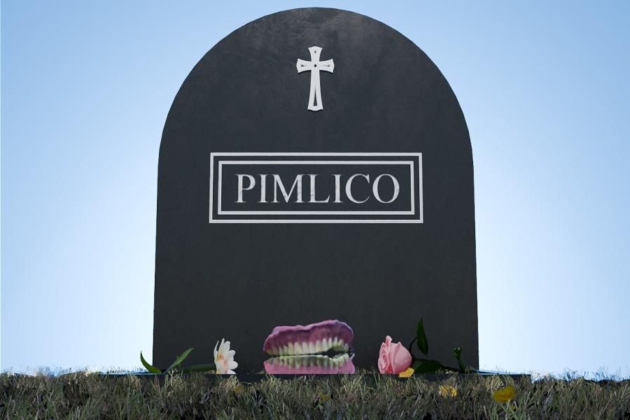 'Pimlico' written in white on a grey grave stone that has a cross engraved on it. There’s a set of dentures and a couple of flowers on the grave.