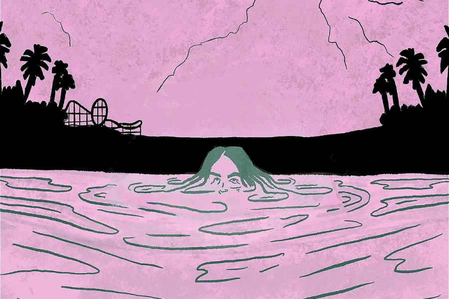 A green humanoid creature just breaks the surface of pink water under a pink sky. Its hair curls into the water, becoming small waves. Its eyes gaze at you just above the waterline. Shadows of palm trees, storm clouds, and a rollercoaster are behind.