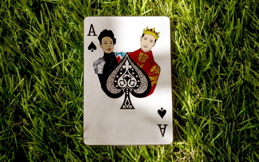 Ace of Spades playing card with a drawing of Philip and Nina on it