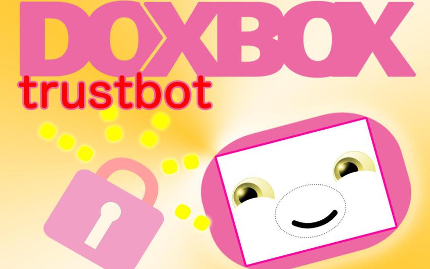A pink “DoxBox” logo with “trustbot” in red underneath it. On a bright golden yellow background, a cute rectangular face that looks like it’s on a television screen is smiling at an icon of a closed, pink padlock.