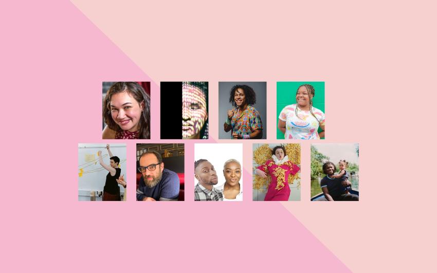 A collage of the nine 2023 seed commission artists and companies against a pink background