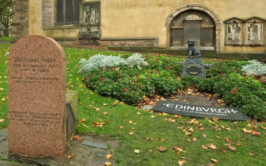 A churchyard with autumn leaves falling on green grass, featuring a red granite headstone to Greyfriars Bobby on the left and the new memorial statue of the dog set in a flowerbed on the right, in front of one of the outer walls of the church.