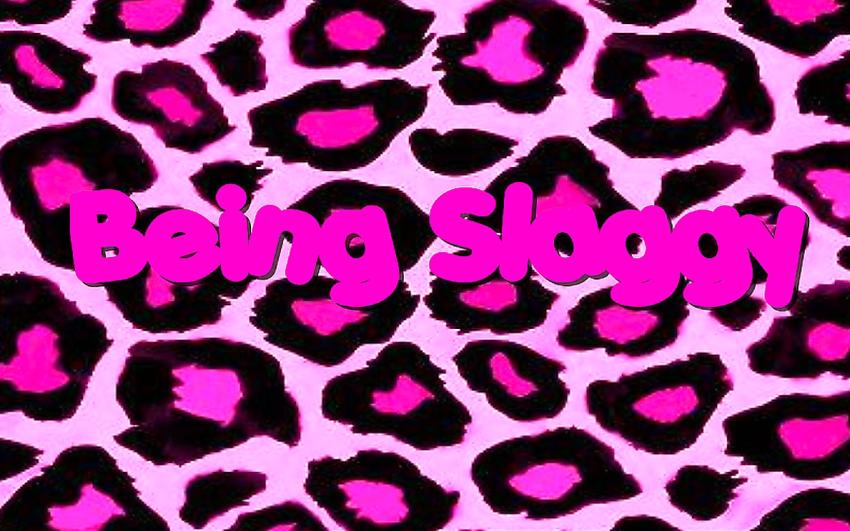 'Being Slaggy' written in bright pink against a pink leapard spotted background