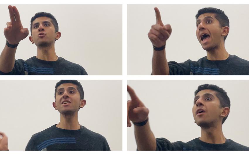4 photographs of Gassan Abdulrazek (an Arabic male, aged 27) pointing authoritatively on a white background, arranged into a two-by-two grid.