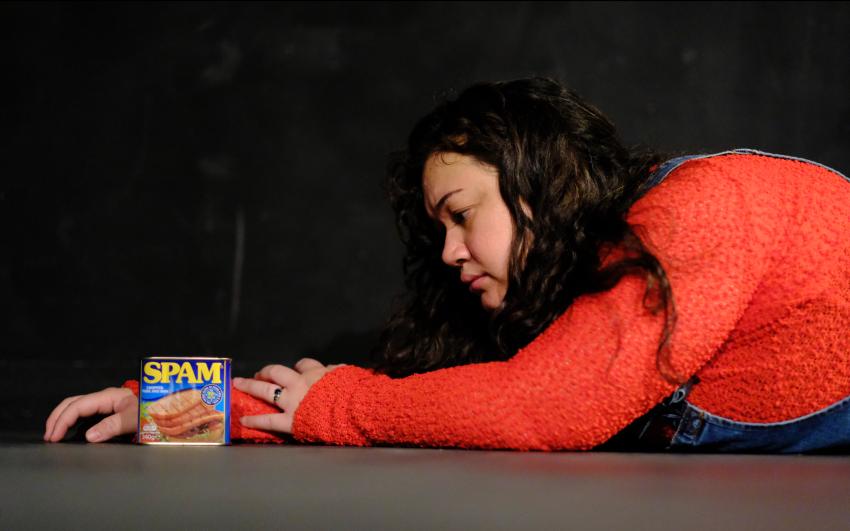 Woman with long curly hair and wearing a red long sleeve top. She is laying on the floor and staring at a can of Spam