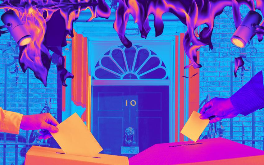 A colourful neon collage of Downing Street, hands posting ballots, and two spotlights.