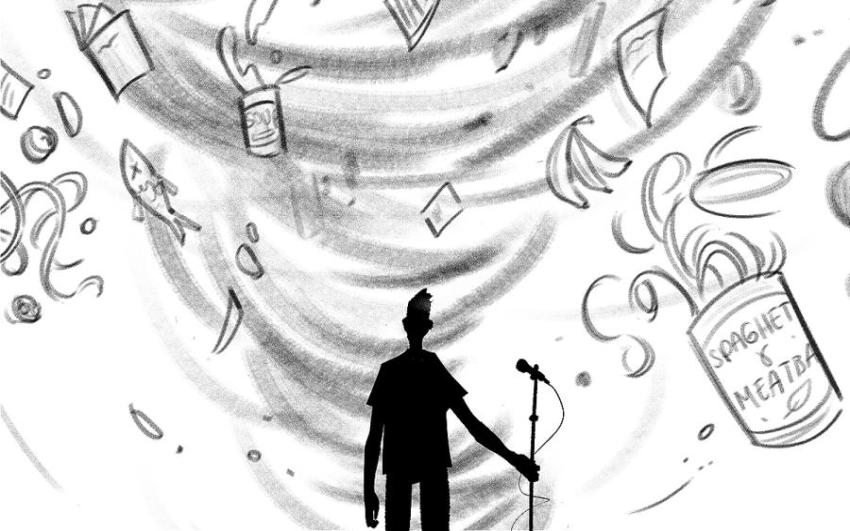A male figure stands central with a microphone, a gust of wind surrounds him, carrying detritus, including food items-cans, fish, bottles etc, and writing implements-pieces of paper, a laptop etc. The style is of a pencil sketch, all in black and white.