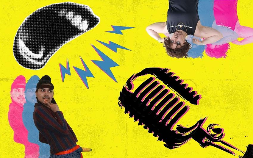 A yellow background with a a microphone, a mouth, Two mikes and lightning bolts all with pink and blue shadows. One Mike has a prop banana mimicking a penis, the other is flexing his biceps.