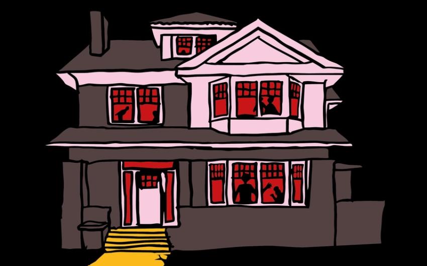 A drawing of a house, with red lights in the windows 